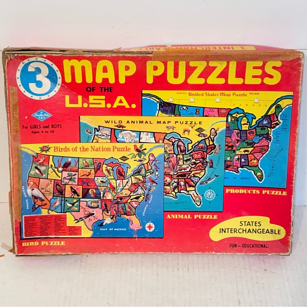 Vintage 3 Interchangeable Map Puzzles of the USA Animals Birds A Built Rite Toy